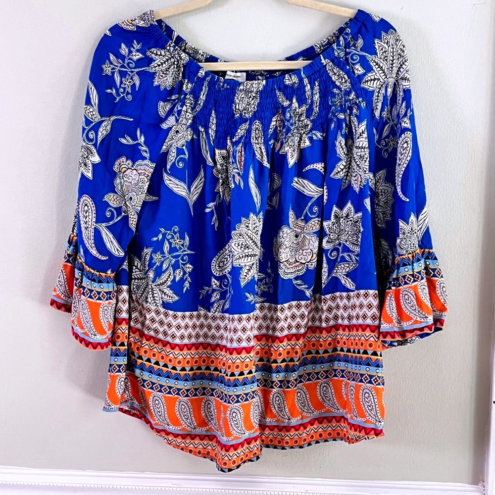 Beachlunchlounge Blouse M Womens Boho Smocked Bell Sleeve Blue Paisley Floral